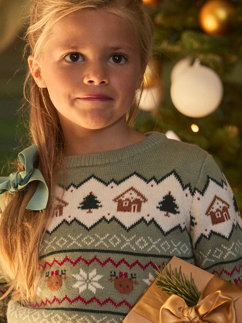 Salbeigrüner Weihnachtspulli für Mädchen
