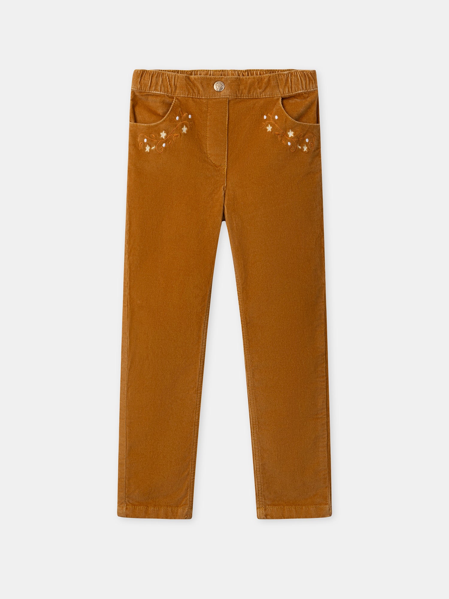 Pantalon marron en velours à broderies fleurs Fille