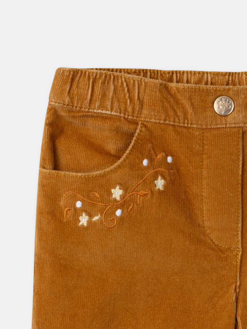 Braune Samt-Hosen mit Blumenstickereien für Mädchen