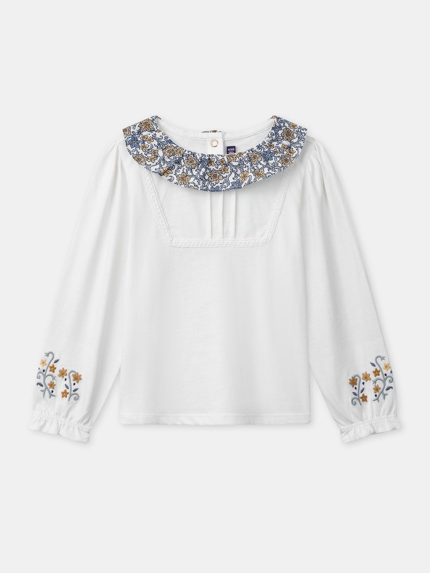 T-shirt blanc à col imprimé fleuri et manches longues Fille