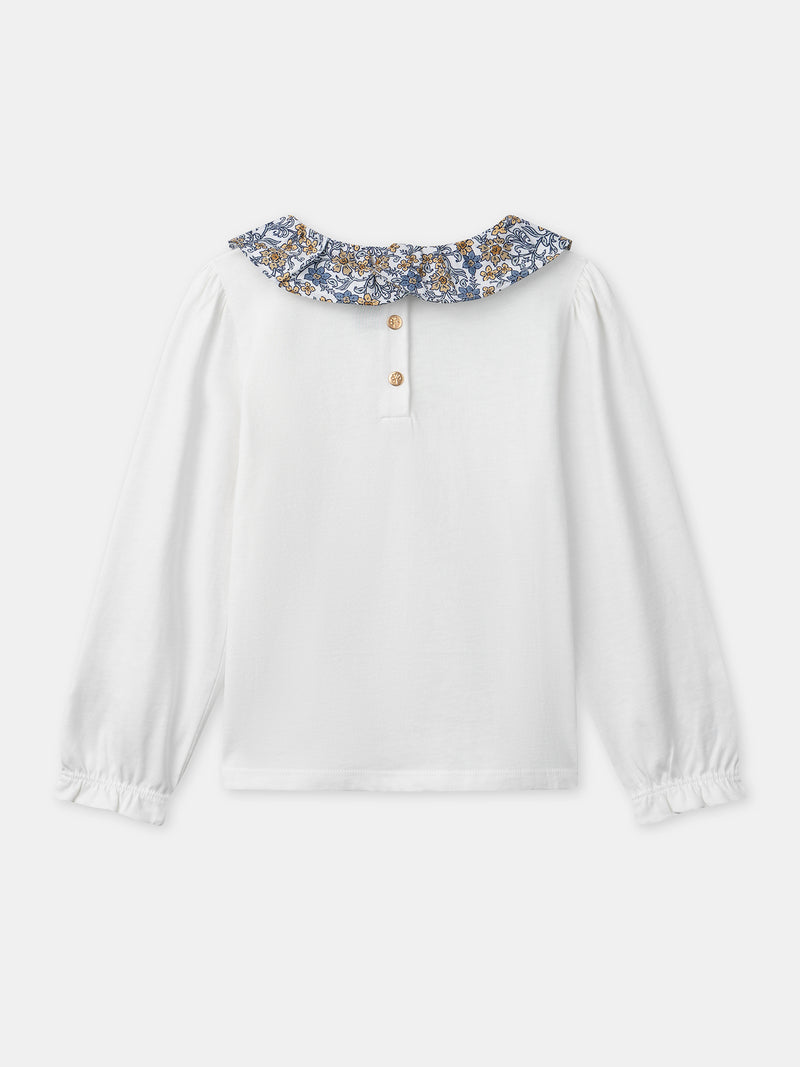 Weißes T-Shirt mit Blumenkragen und langen Ärmeln für Mädchen