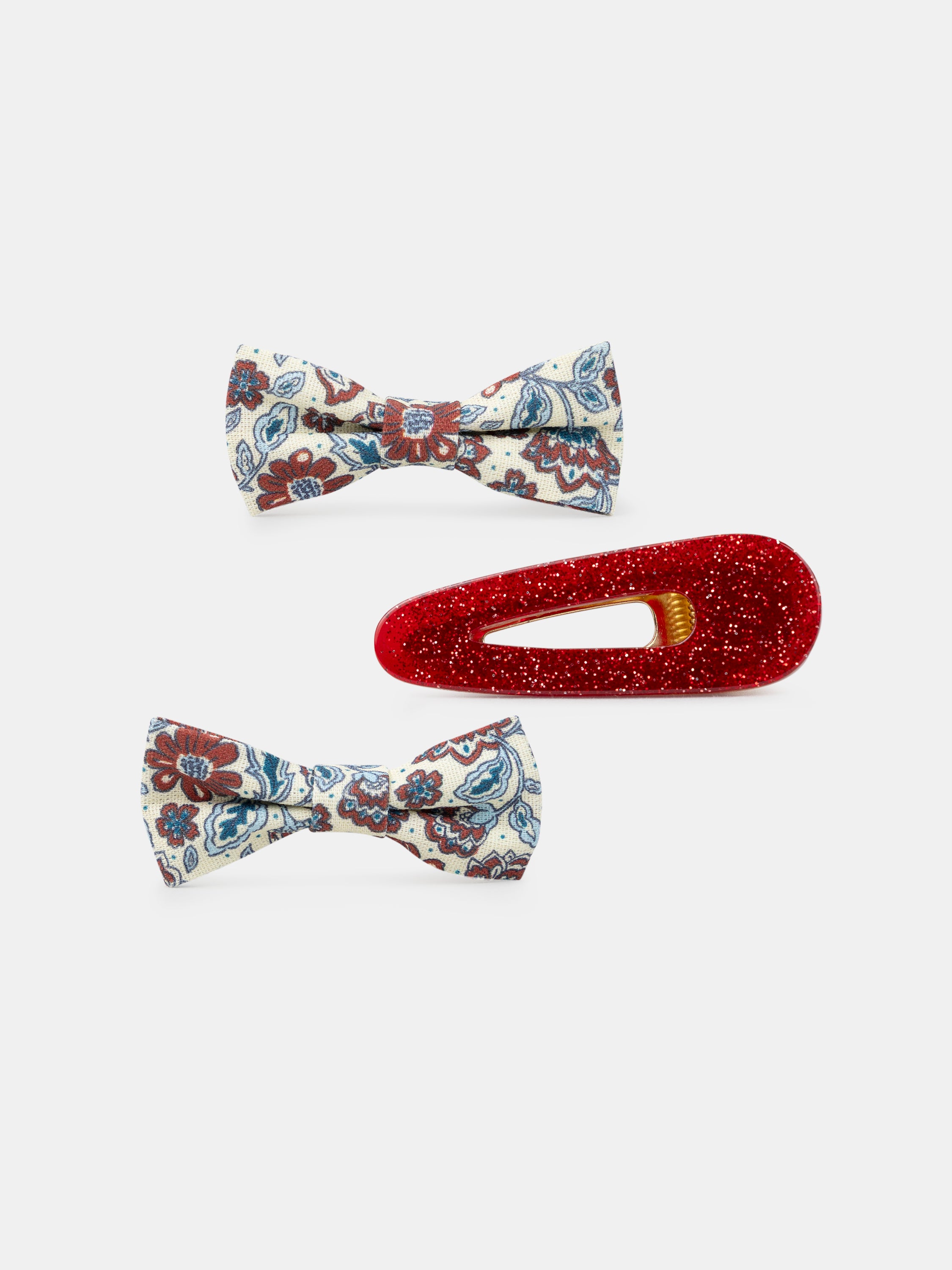 3 barrettes écru imprimé fleuri ou rouge paillettés Fille