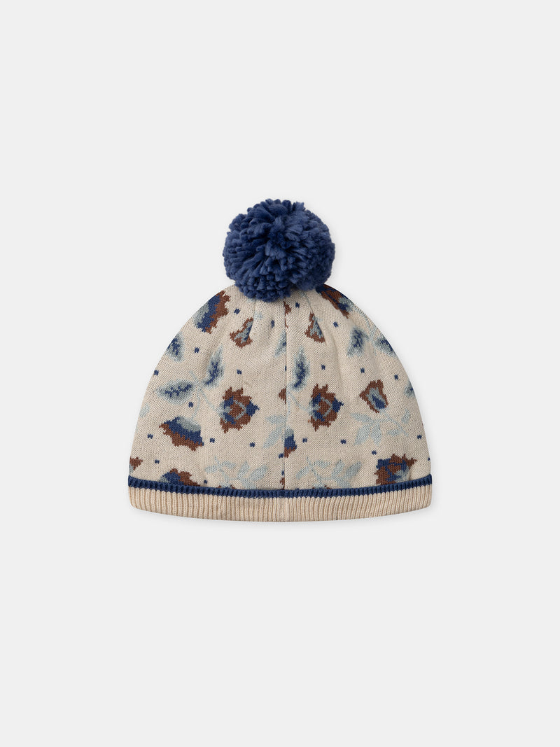 Beige Mütze aus Strick mit Blumenmuster und Pompon für Mädchen