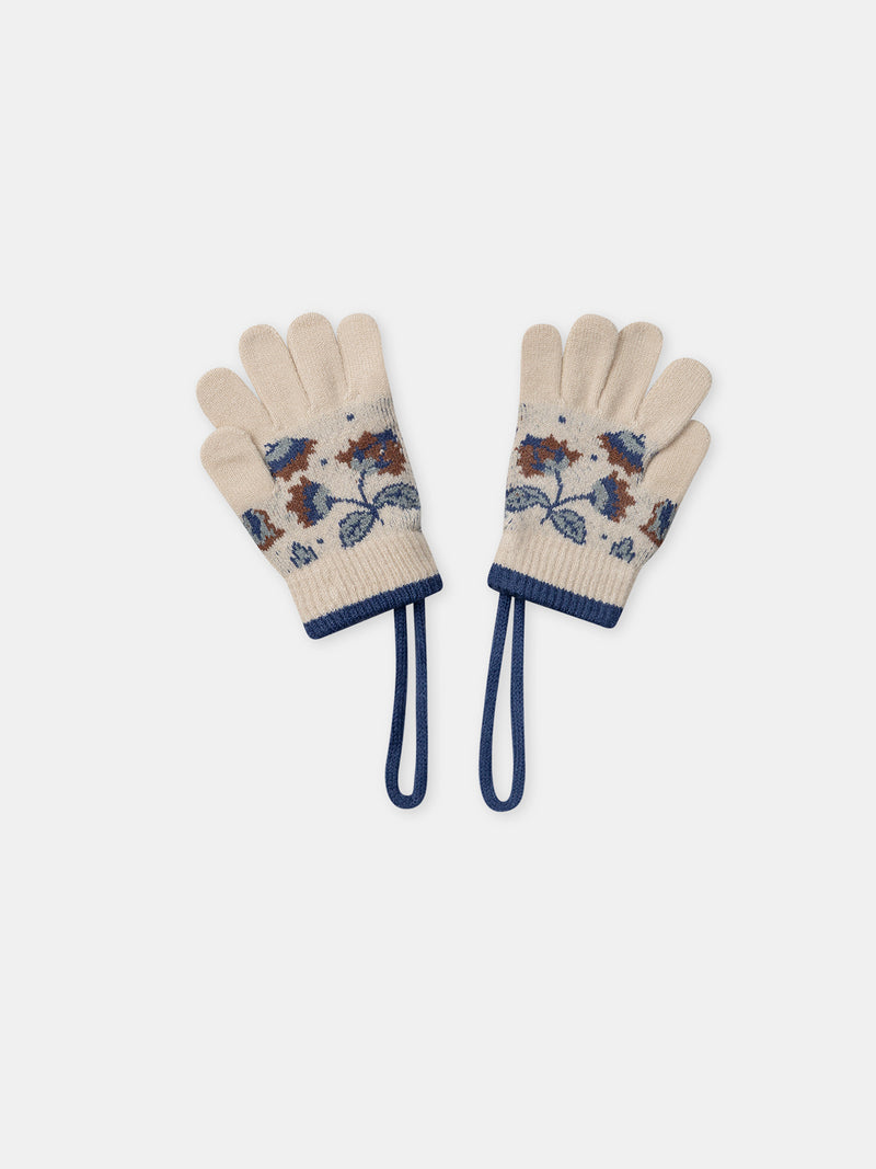 Beige Handschuhe mit Blumenmuster für Mädchen
