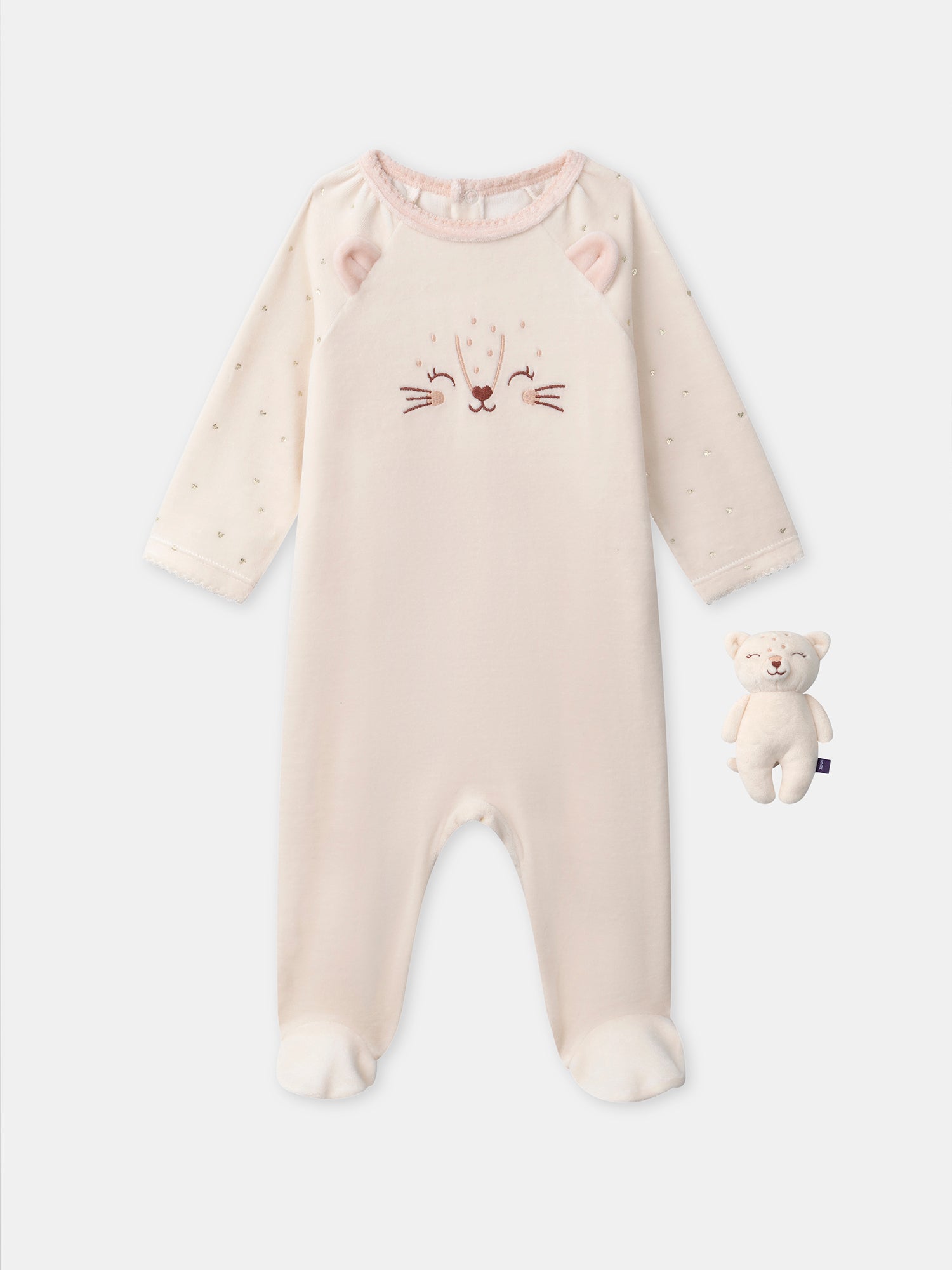 Grenouillère rose visage chat + peluche chat Bébé Fille