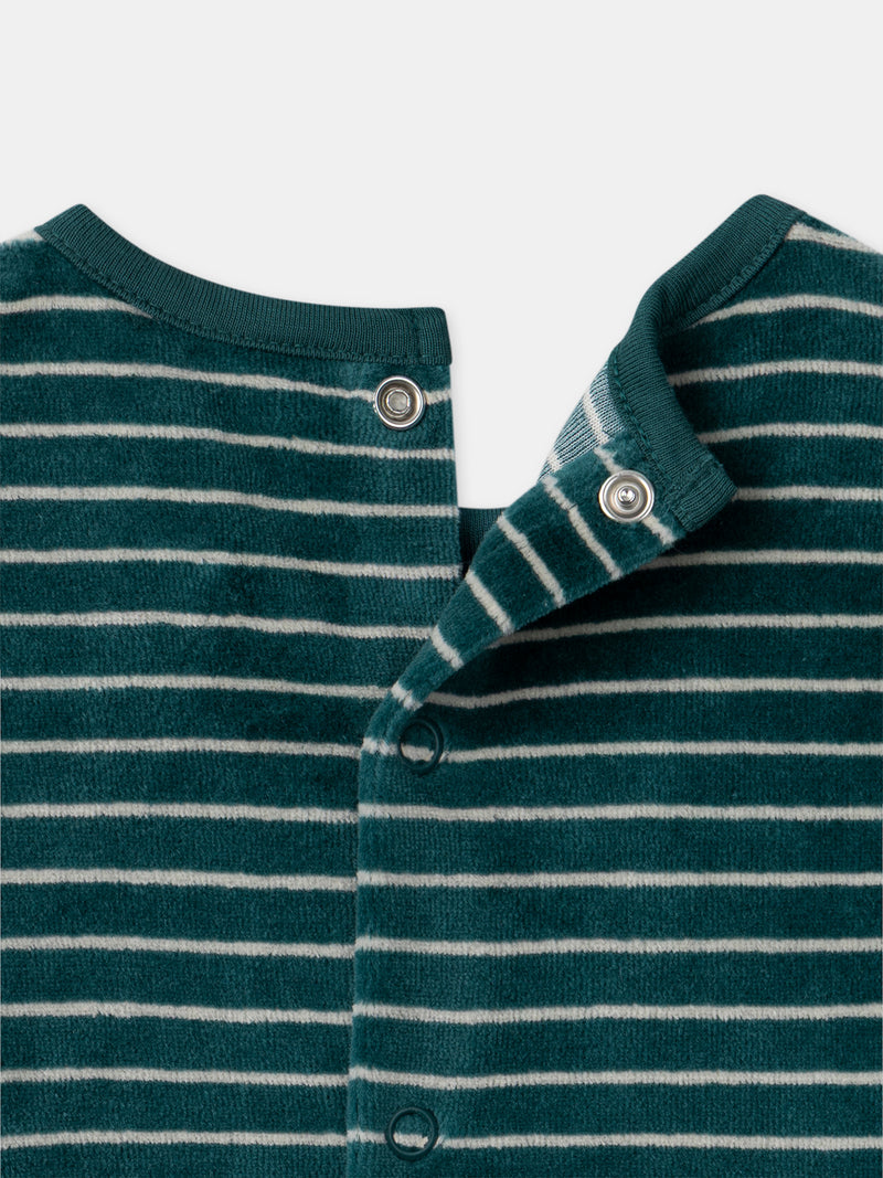 Grüne Velours-Schlafanzug mit Streifen und Pilzstickerei für Baby Jungen