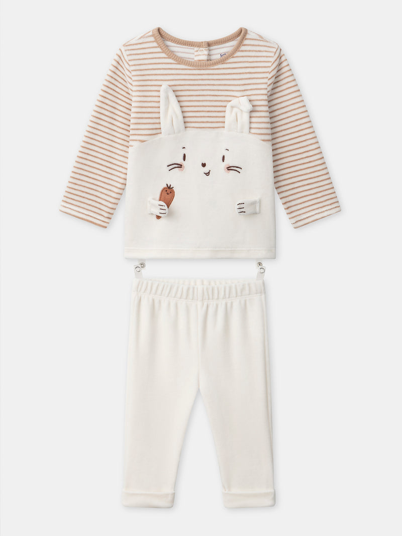 Cremefarbener Pyjama mit Streifen und Hase für Jungen