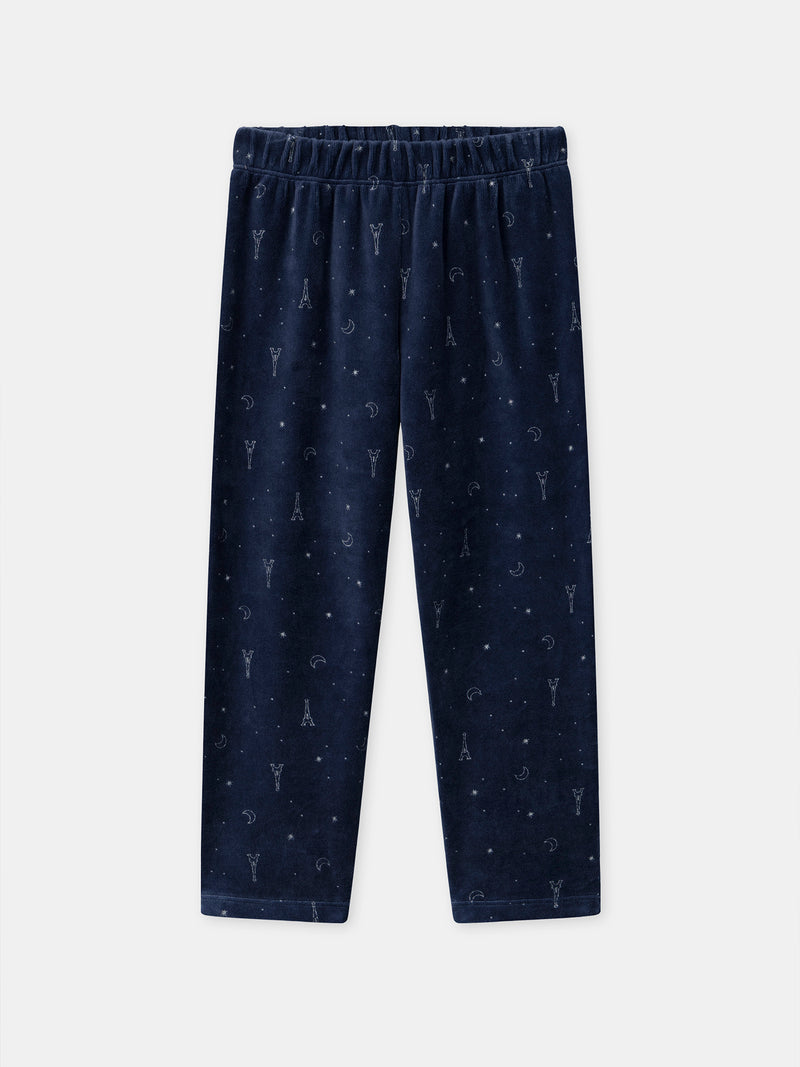 Nachtblauer Samt-Pyjama mit Eiffel-Turm-Print für Mädchen