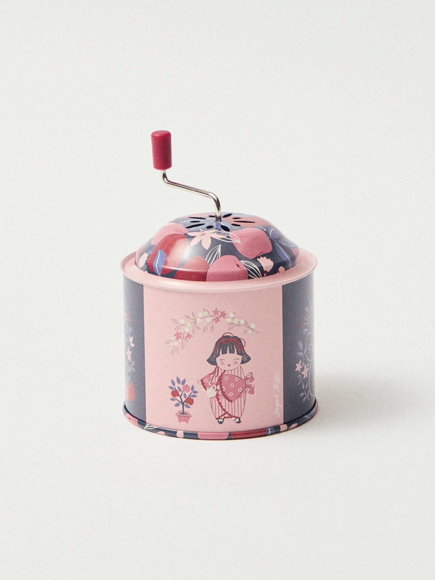 Musikspieluhr in Rosa und Marineblau mit Apfelmotiven