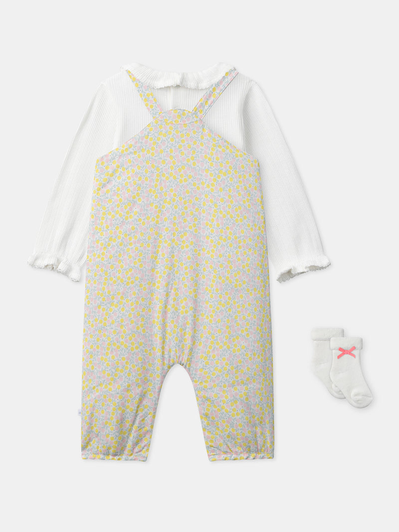 Blumiges Set: Kombi + Ecru Body + Socken mit Schleife Geburts Mädchen