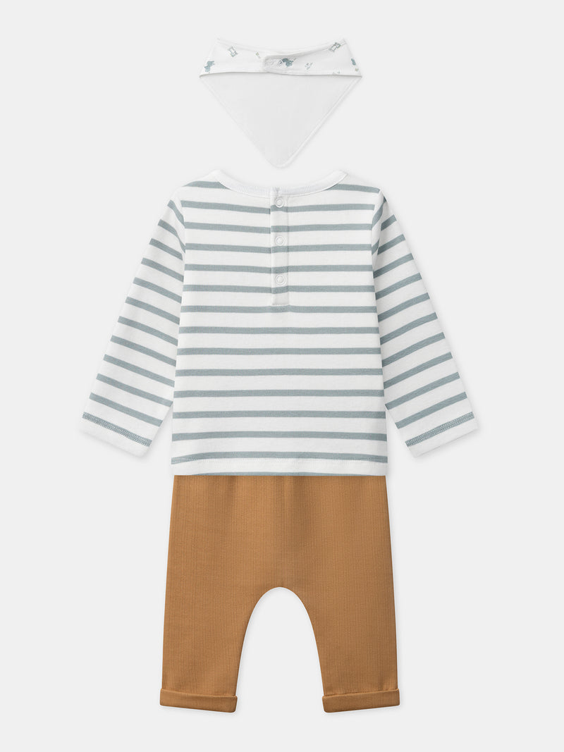 Gestreiftes Oberteil + braune Hose + Lätzchen zur Geburt Junge