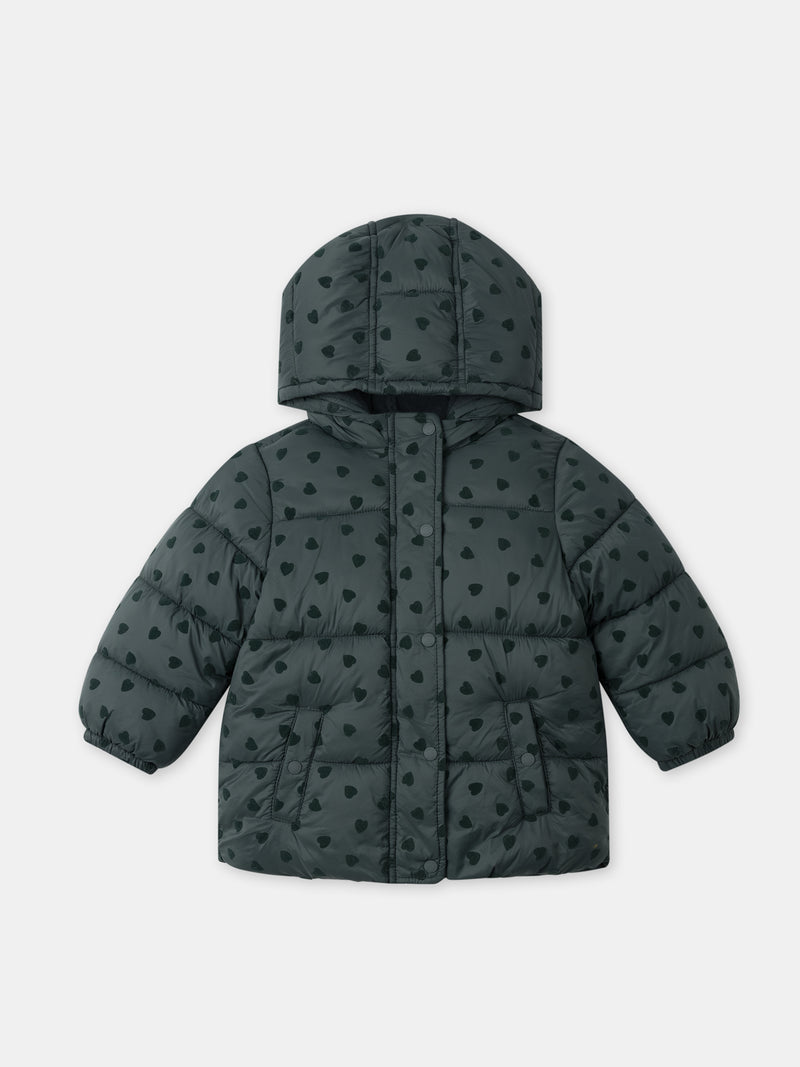 Dunkelgrüne Daunenjacke mit Herzdruck für Baby Mädchen