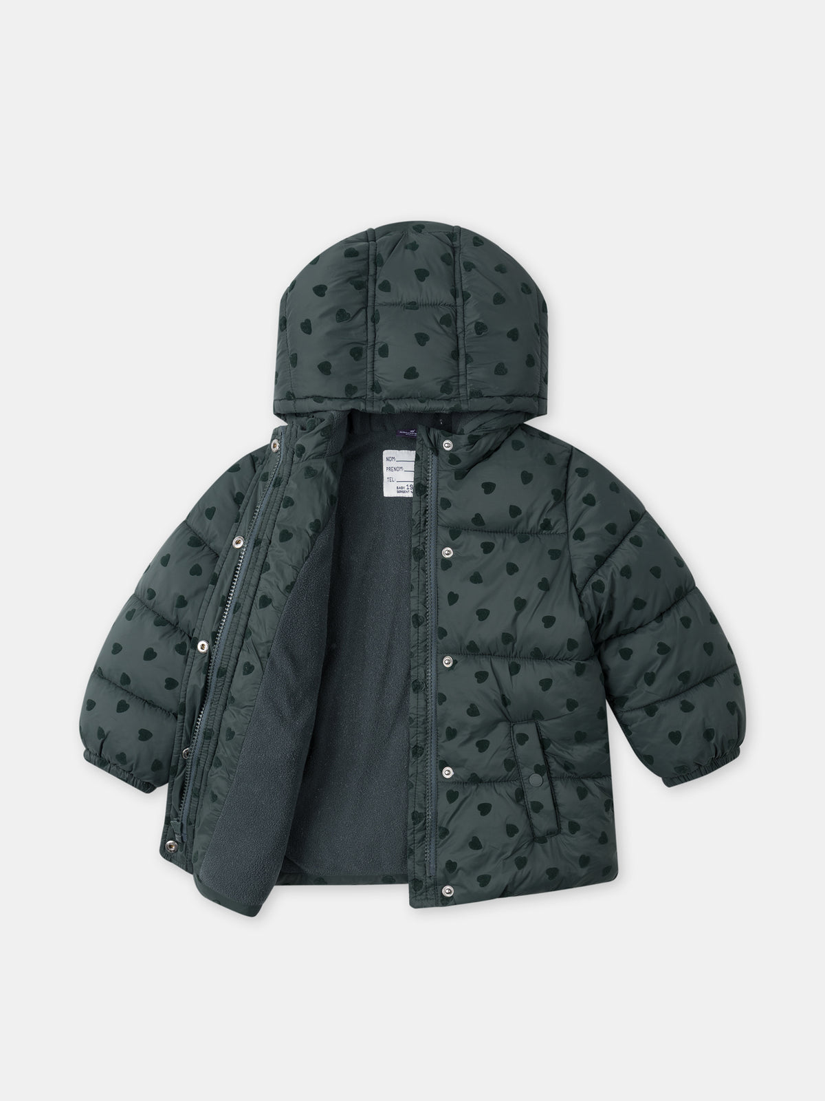 Dunkelgrüne Daunenjacke mit Herzdruck für Baby Mädchen