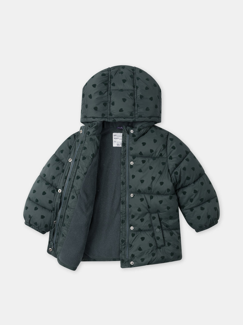 Dunkelgrüne Daunenjacke mit Herzdruck für Baby Mädchen