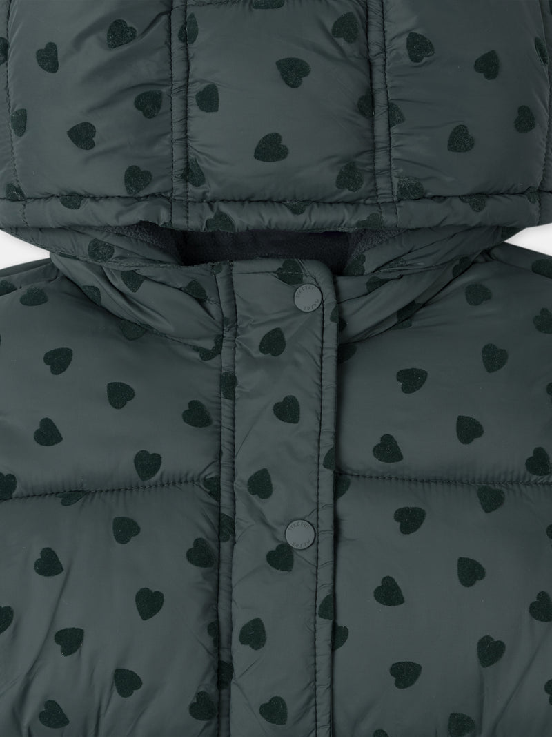 Dunkelgrüne Daunenjacke mit Herzdruck für Baby Mädchen