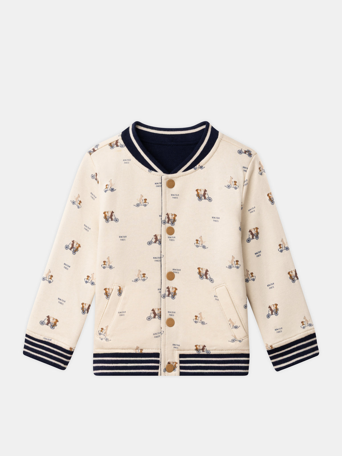 Reversibler Teddy in Marineblau oder Elfenbein mit Hundemuster für Baby Jungen