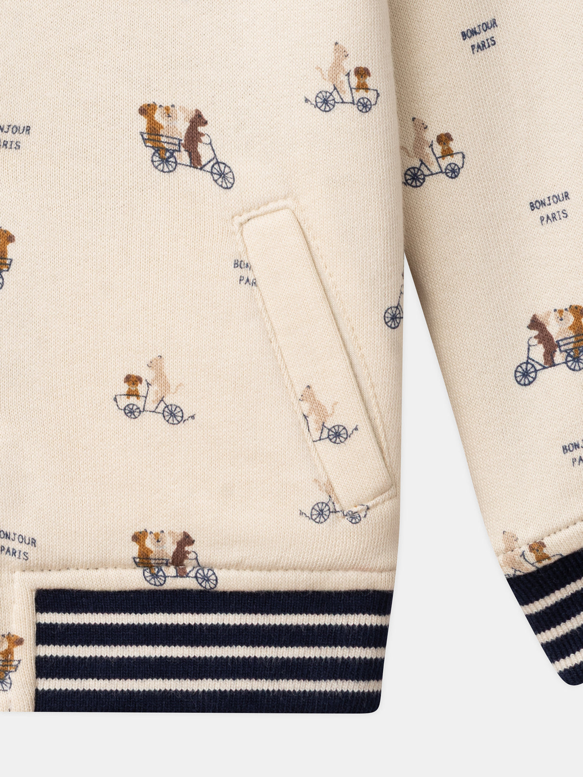 Reversibler Teddy in Marineblau oder Elfenbein mit Hundemuster für Baby Jungen