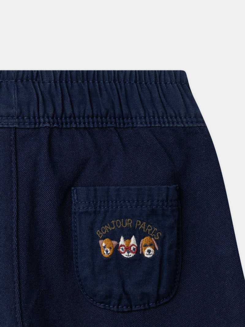 Pantalon bleu marine à broderie animaux Bébé Garçon