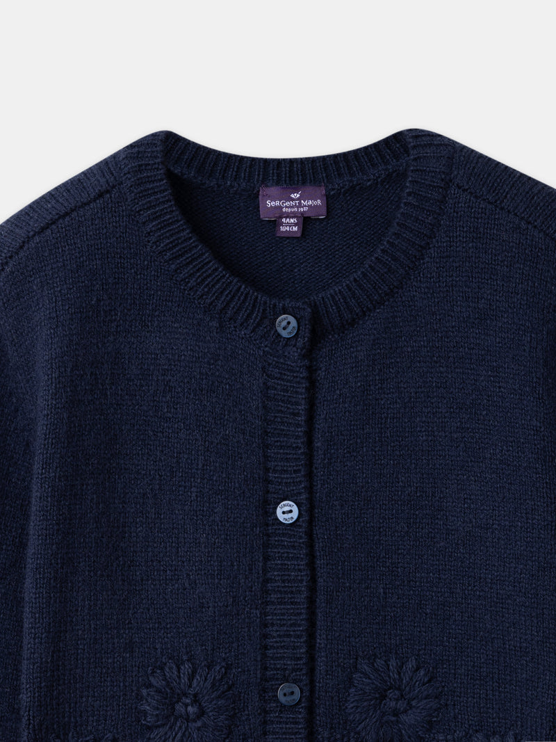 Marineblauer Cardigan mit Margeritenstickerei für Mädchen