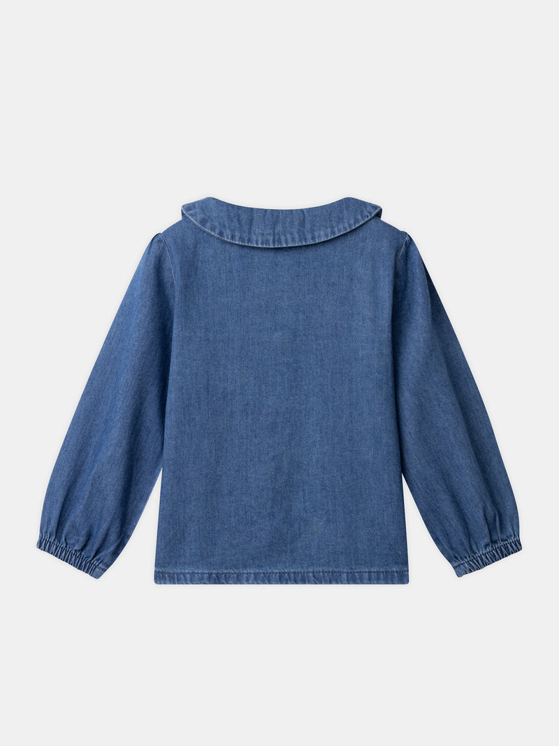 Denim-Bluse mit Klee-Stickerei für Mädchen