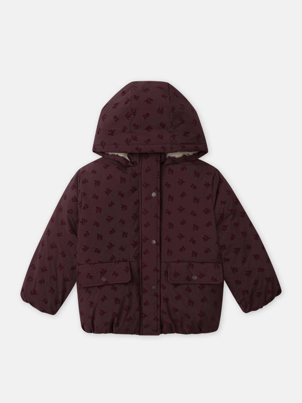 Doppelpufferjacke in bordeaux mit floralem Druck für Mädchen