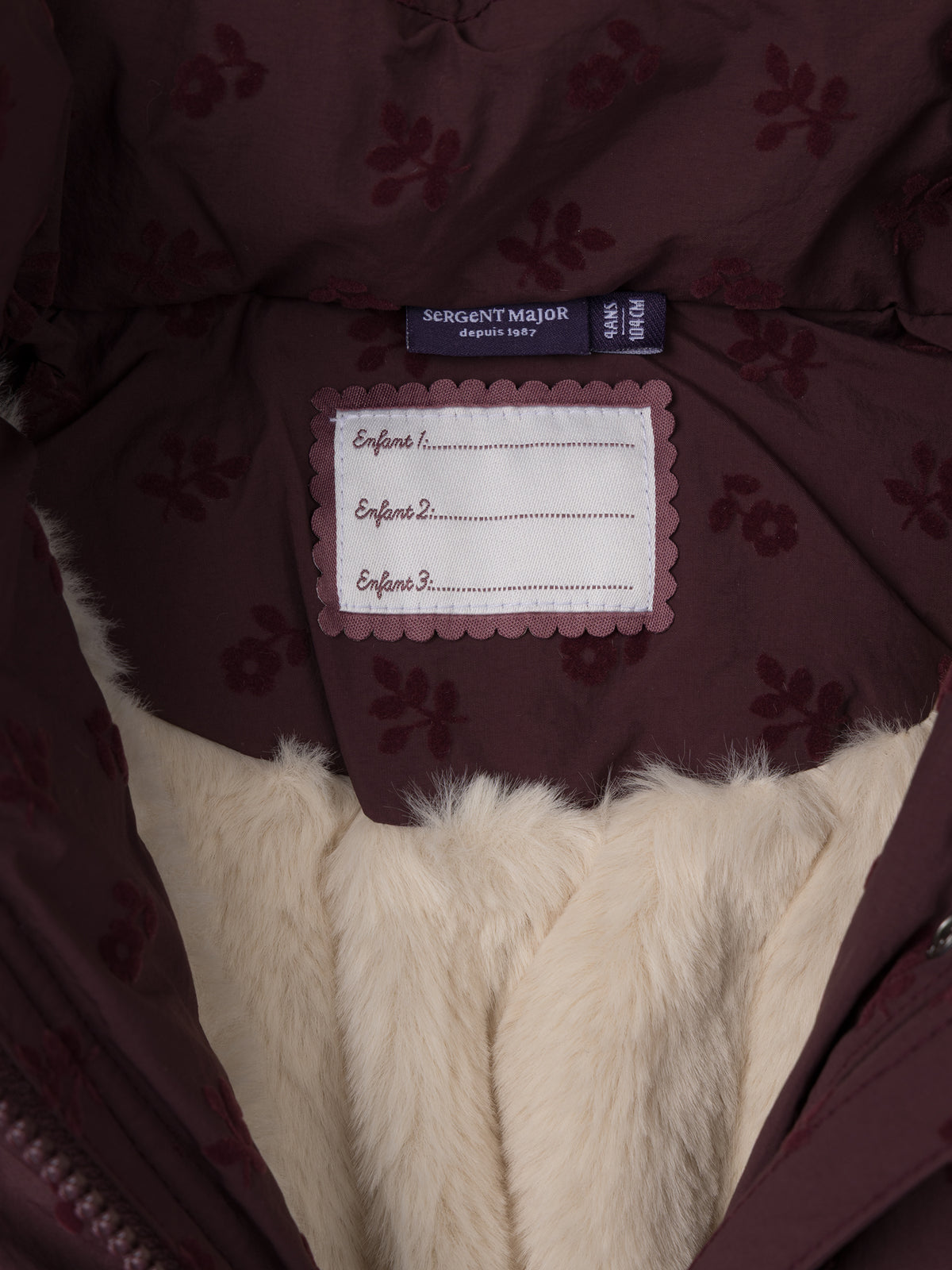 Doppelpufferjacke in bordeaux mit floralem Druck für Mädchen