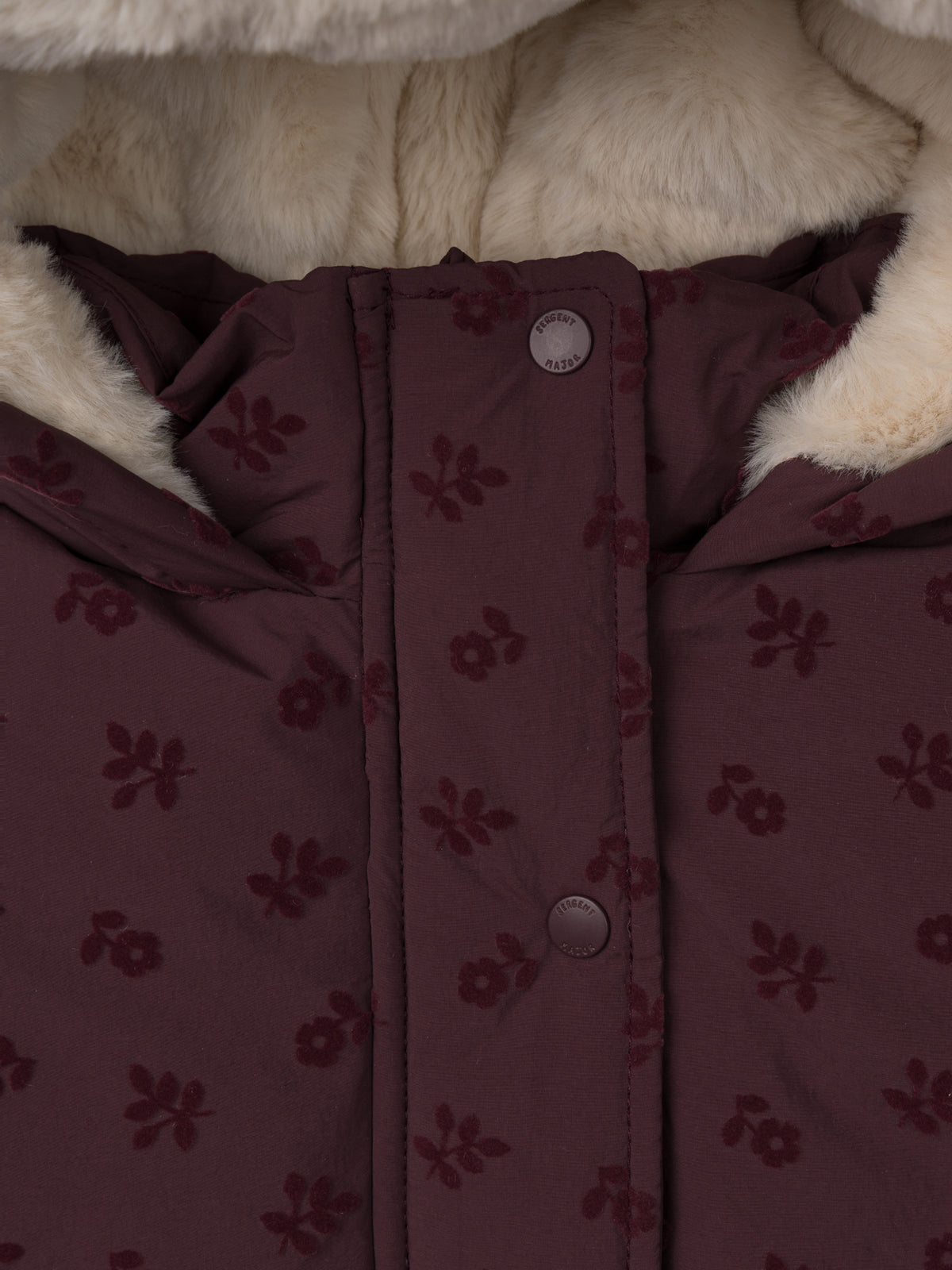 Doppelpufferjacke in bordeaux mit floralem Druck für Mädchen