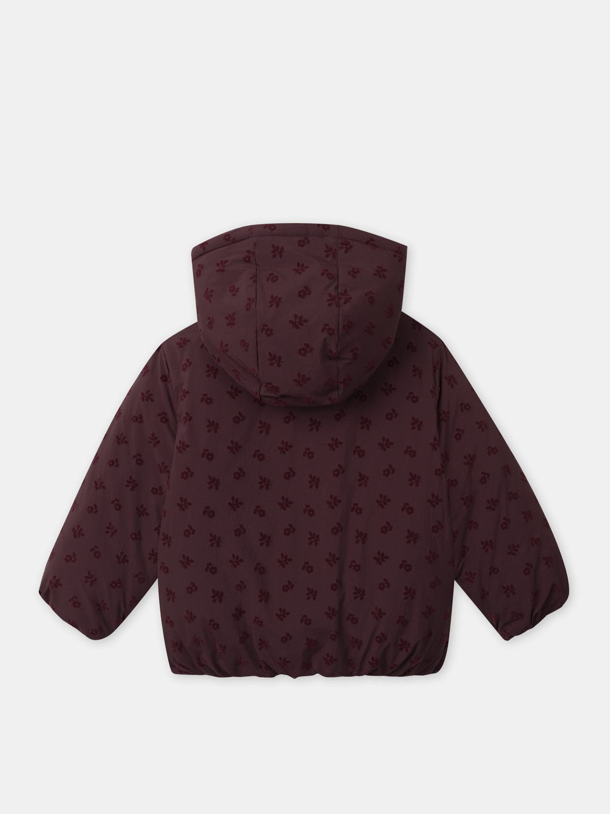Doppelpufferjacke in bordeaux mit floralem Druck für Mädchen