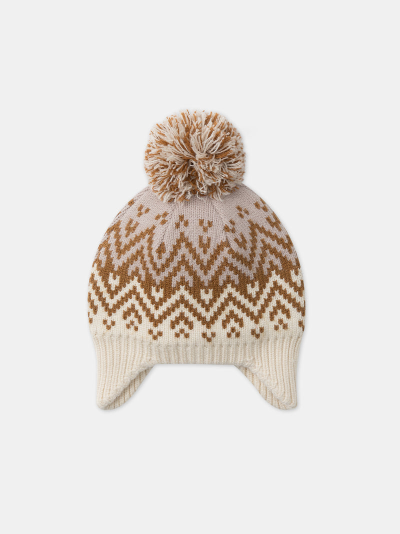 Ohrenmütze mit Pompon in Elfenbein und Beige für Mädchen