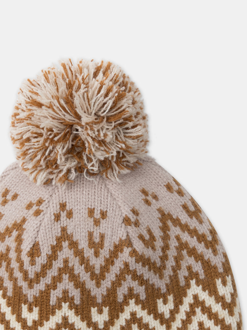 Ohrenmütze mit Pompon in Elfenbein und Beige für Mädchen