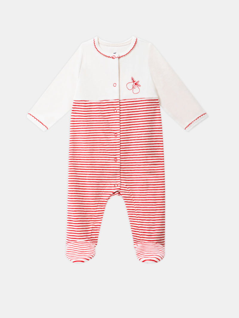 Grenouillère en velours à rayures et  broderie poire Bébé Fille