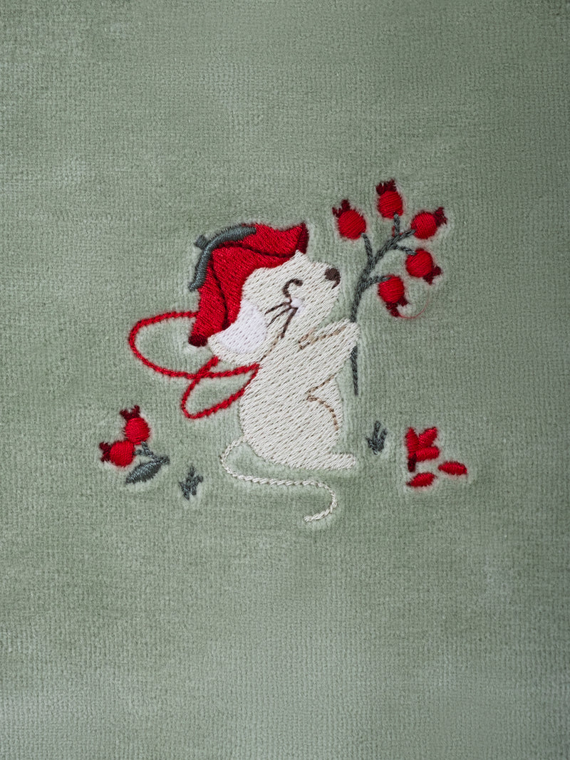 Grenouillère en velours vert sauge à broderie souris et fruits Bébé Fille