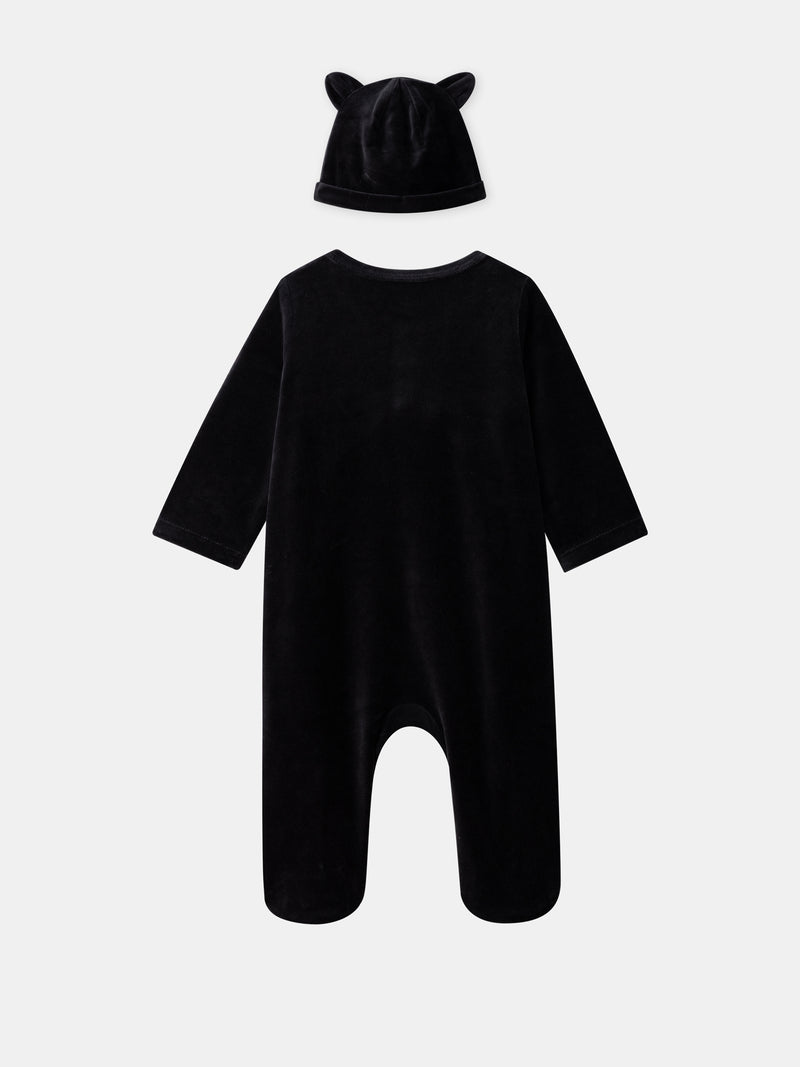 Grenouillère noir chat en velours + bonnet Bébé Fille
