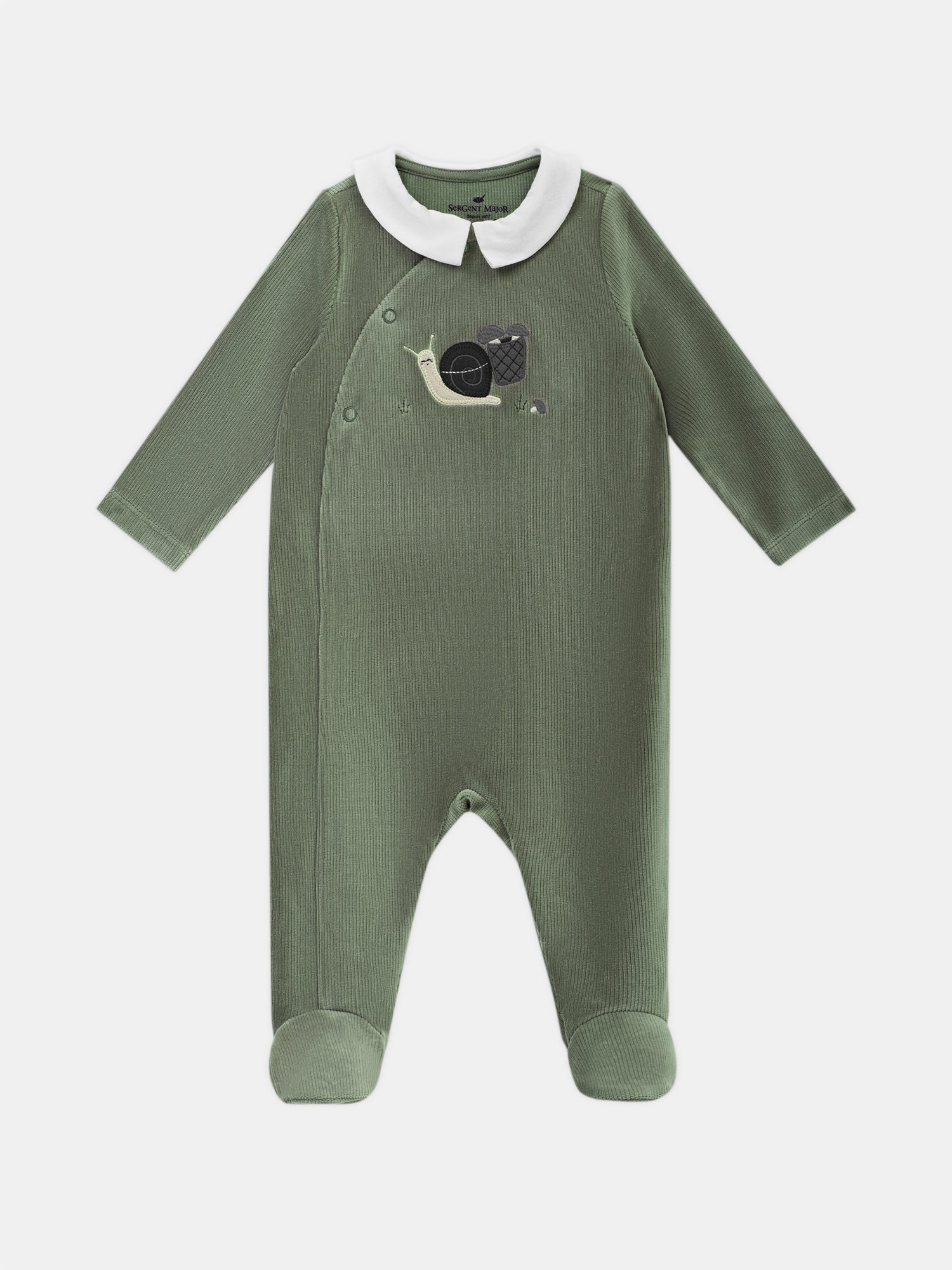 Grau-grüner-velours-ein-schnecken-gestickter-einstücker-baby-junge
