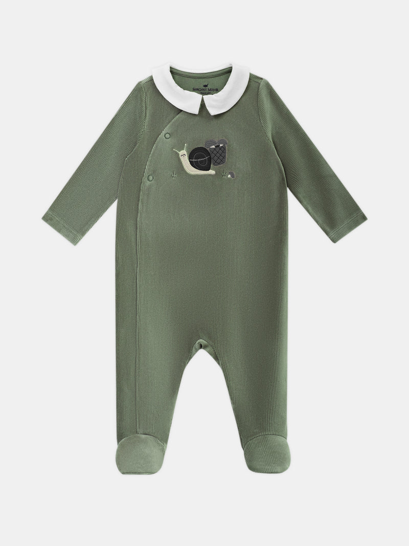 Grenouillère en velours vert grisé à broderie escargot Bébé Garçon