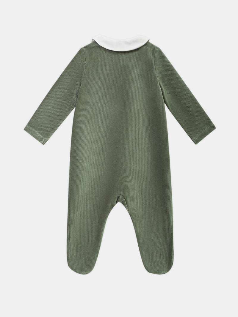 Grenouillère en velours vert grisé à broderie escargot Bébé Garçon