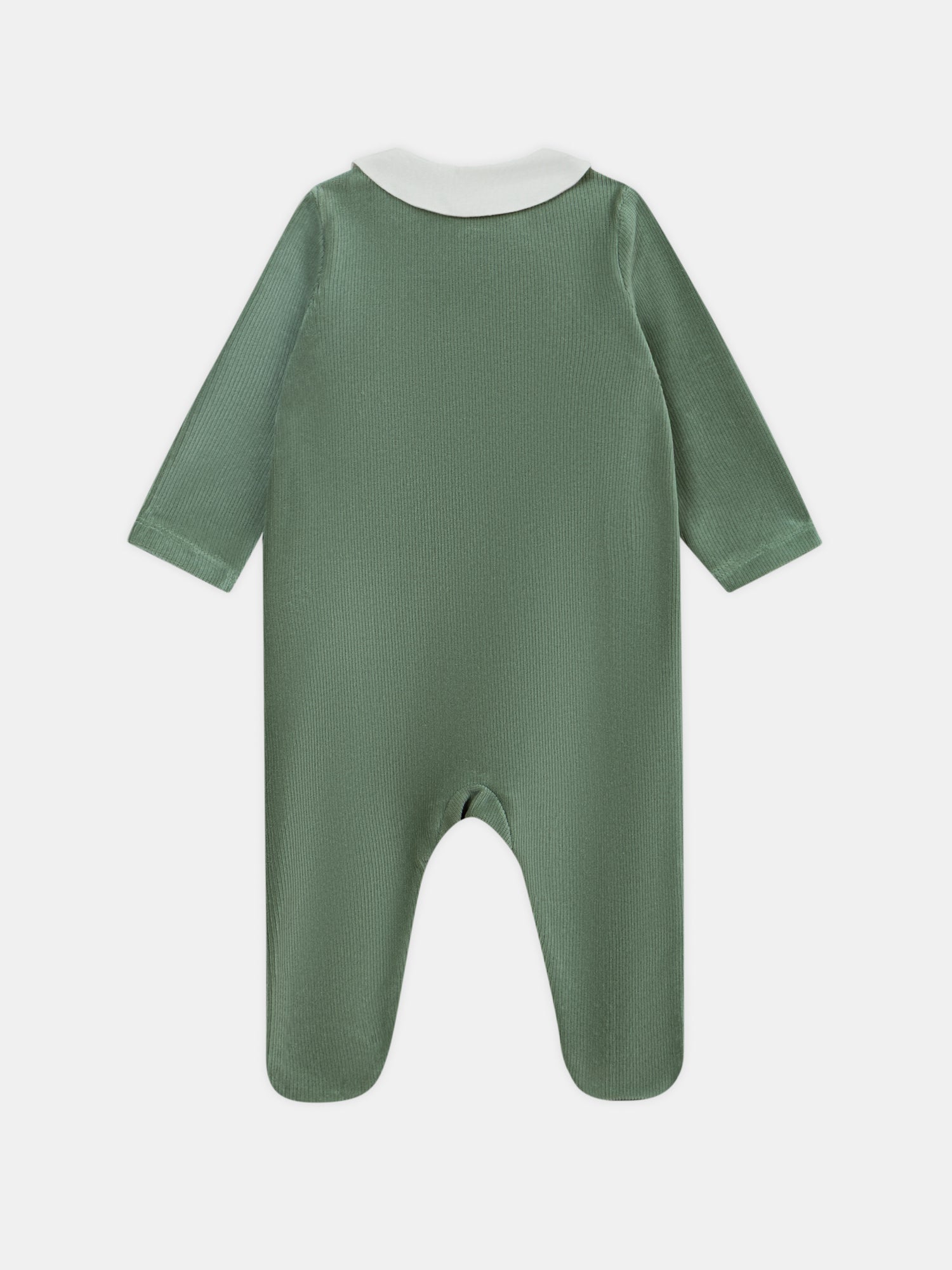 Grau-grüner-velours-ein-schnecken-gestickter-einstücker-baby-junge