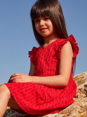 Robe rouge brodée enfant fille CAIRIETTE / 22E2PFP1ROB050