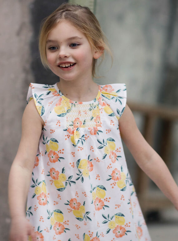Weiß und gelb Kleid mit Zitrone und Blumendruck Kind Mädchen ZICITETTE / 21E2PFO1ROB000
