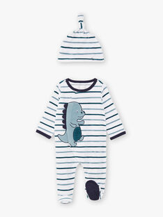 Baby Junge blau und weiß gestreiften Strampler mit Dinosaurier-Design und Kappe BEAYME / 21H5BG67GREG610