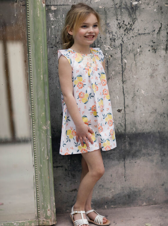 Weiß und gelb Kleid mit Zitrone und Blumendruck Kind Mädchen ZICITETTE / 21E2PFO1ROB000