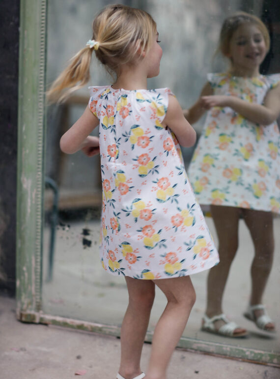 Weiß und gelb Kleid mit Zitrone und Blumendruck Kind Mädchen ZICITETTE / 21E2PFO1ROB000