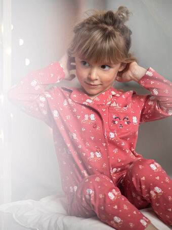Pyjama jersey rose fuchsia motifs chatons enfant fille CHOUNETTE / 22E5PF44PYJD305